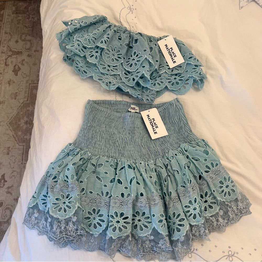 PLACE NATIONALE Top & Smocked Mini Skirt Two Piece Set Baby Blue - Picture 2 of 7